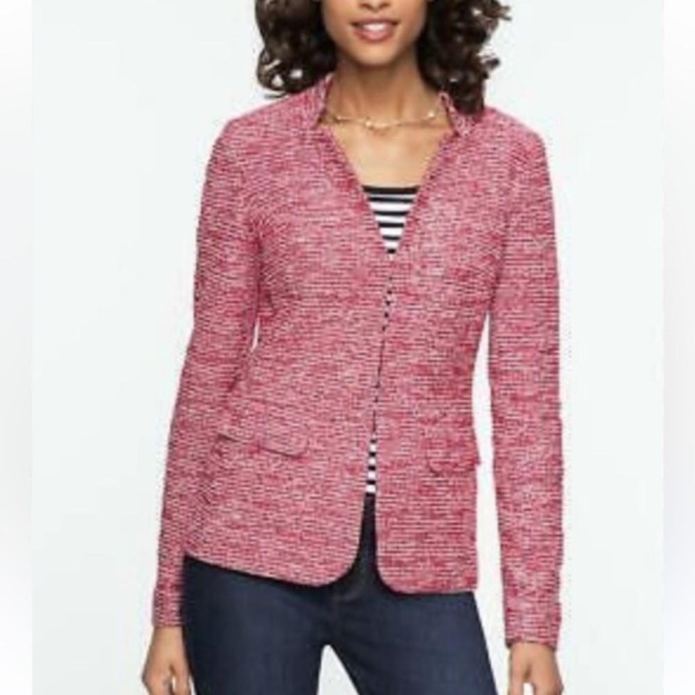 Talbots Red White Tweed Stand Collar Front Open Blazer Jacket Size 12 Preppy